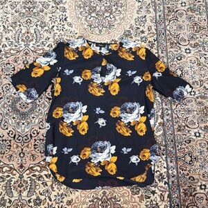 Theory Women's Black Floral Keyhole Blouse with Yellow and Gray Roses